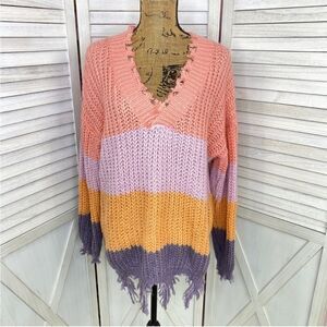 Wishlist Distressed Colorblock Grunge Pullover Sweater Medium Large Purple Multi